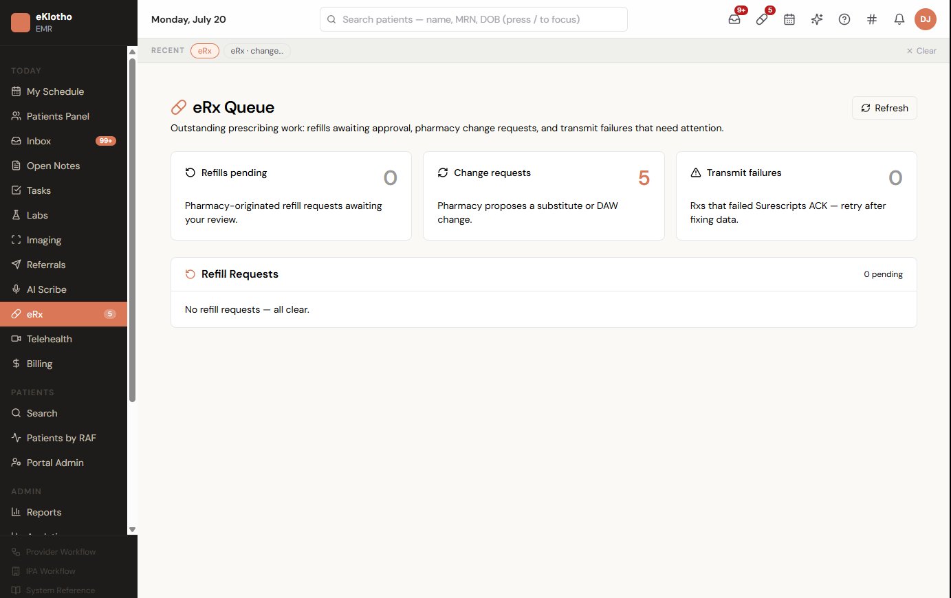 eRx Solution — main screen